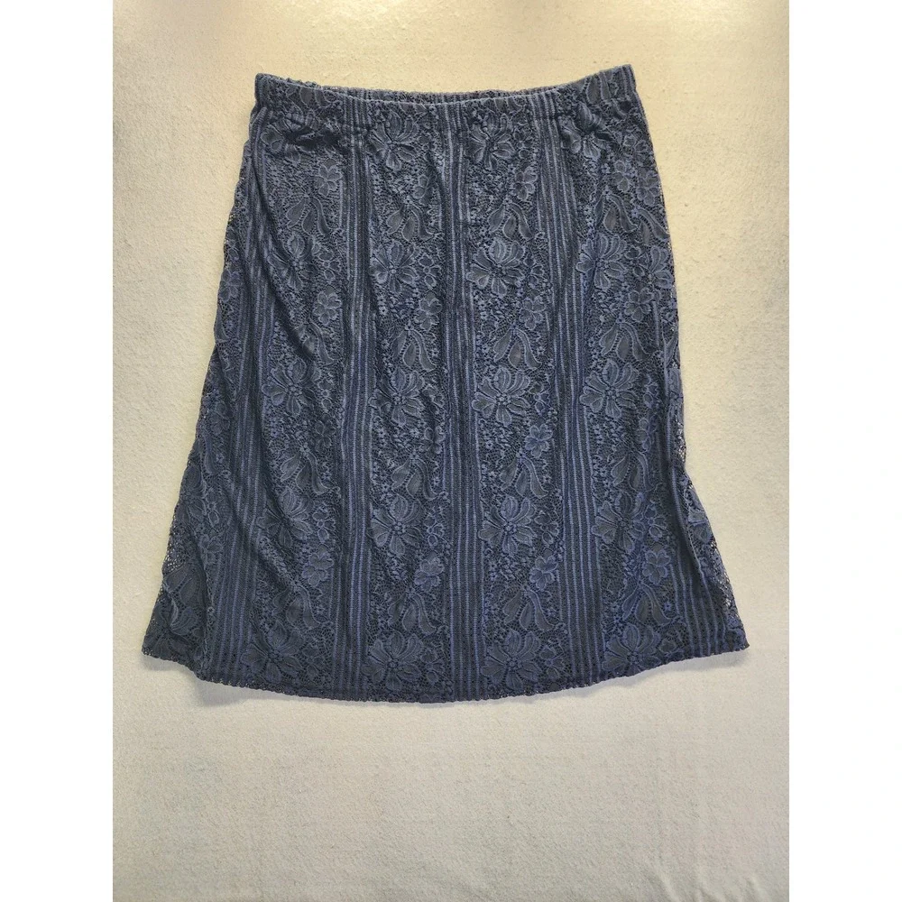Christopher & Banks Womens XL Navy Blue Floral Lace Midi Skirt Elastic Waist - Picture 8 of 8